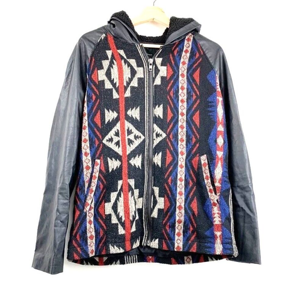 Forever 21 Womens Jacket Black Blue Aztec Zip Up Hooded Pocket Fleece Lined M